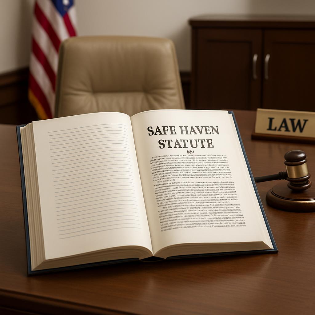 "an open book with text such as 'Safe Haven statute' on the right page, with a wooden gavel nearby"