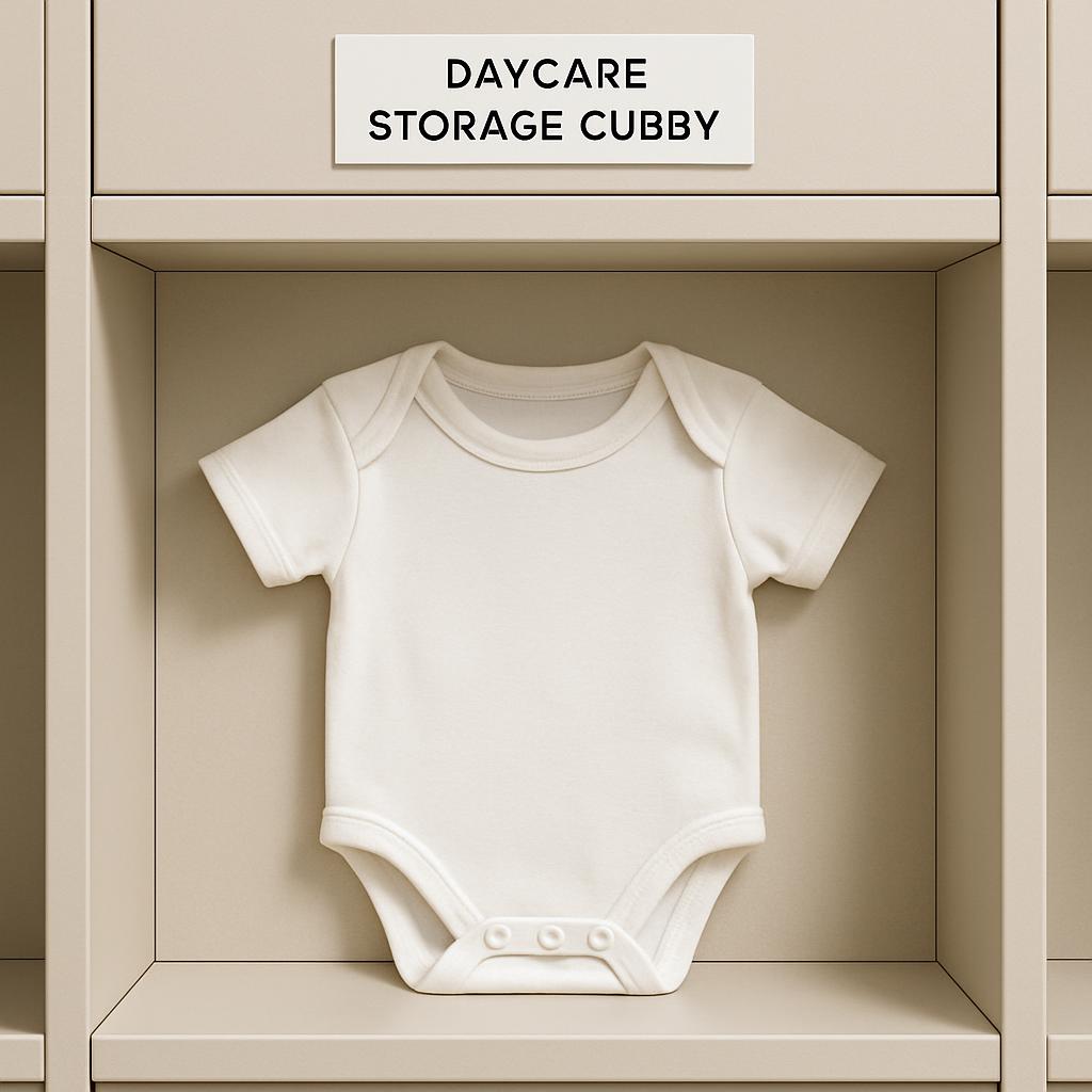 A child's white onesie is displayed in a cubby labeled "Daycare Storage Cubby," suggesting that the image is likely used t...