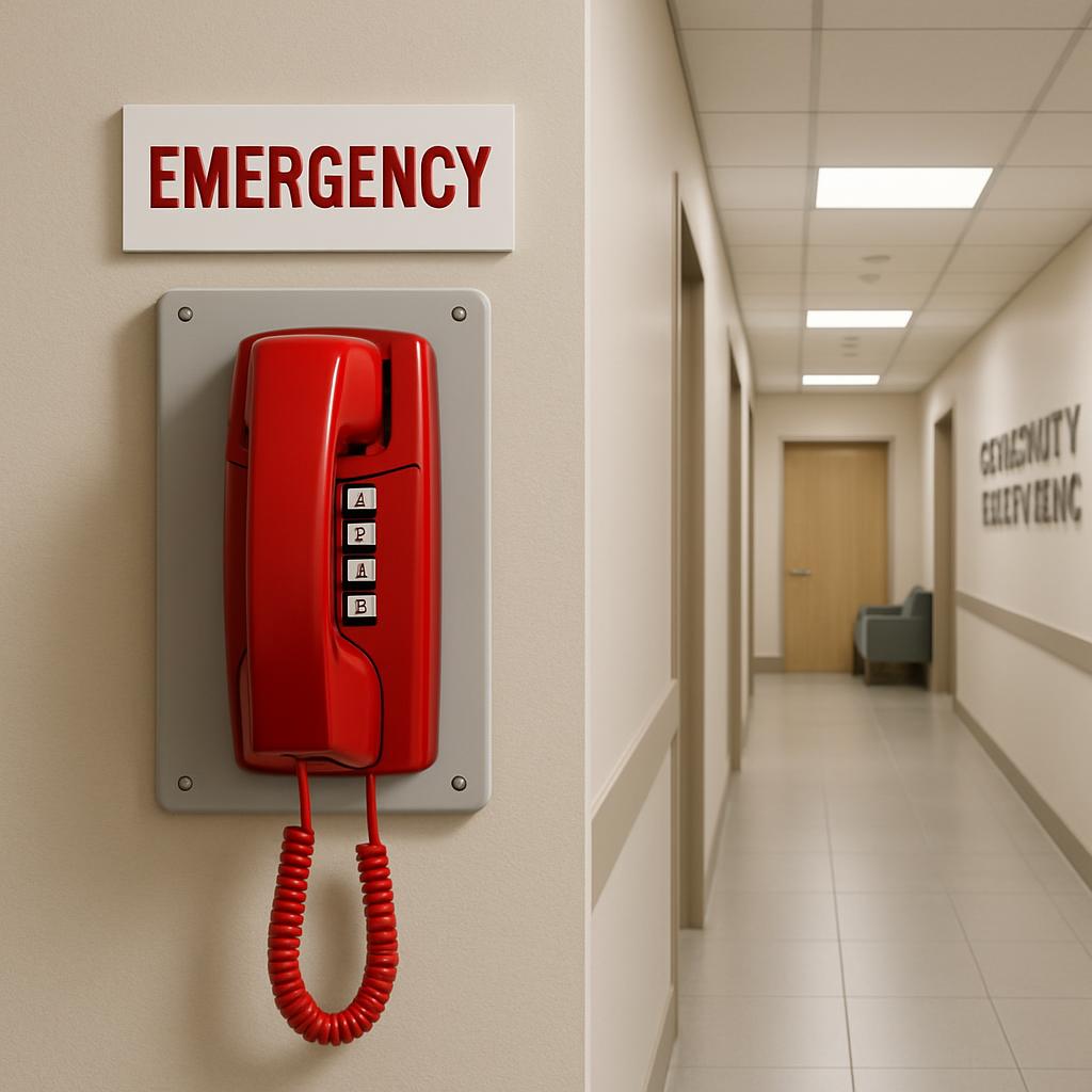 A long hospital corridor with beige walls and floors, and a red emergency phone on the left side.